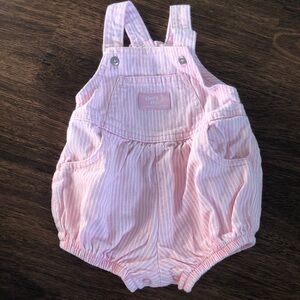 Vtg Oshkosh Bgosh 6-9m Girls Vestbak Pink Striped Railroad Overalls Made In USA